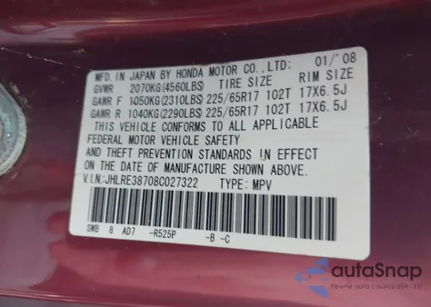 2008 Honda Cr-V Ex-L из США, поврежденный, VIN JHLRE38708C027322